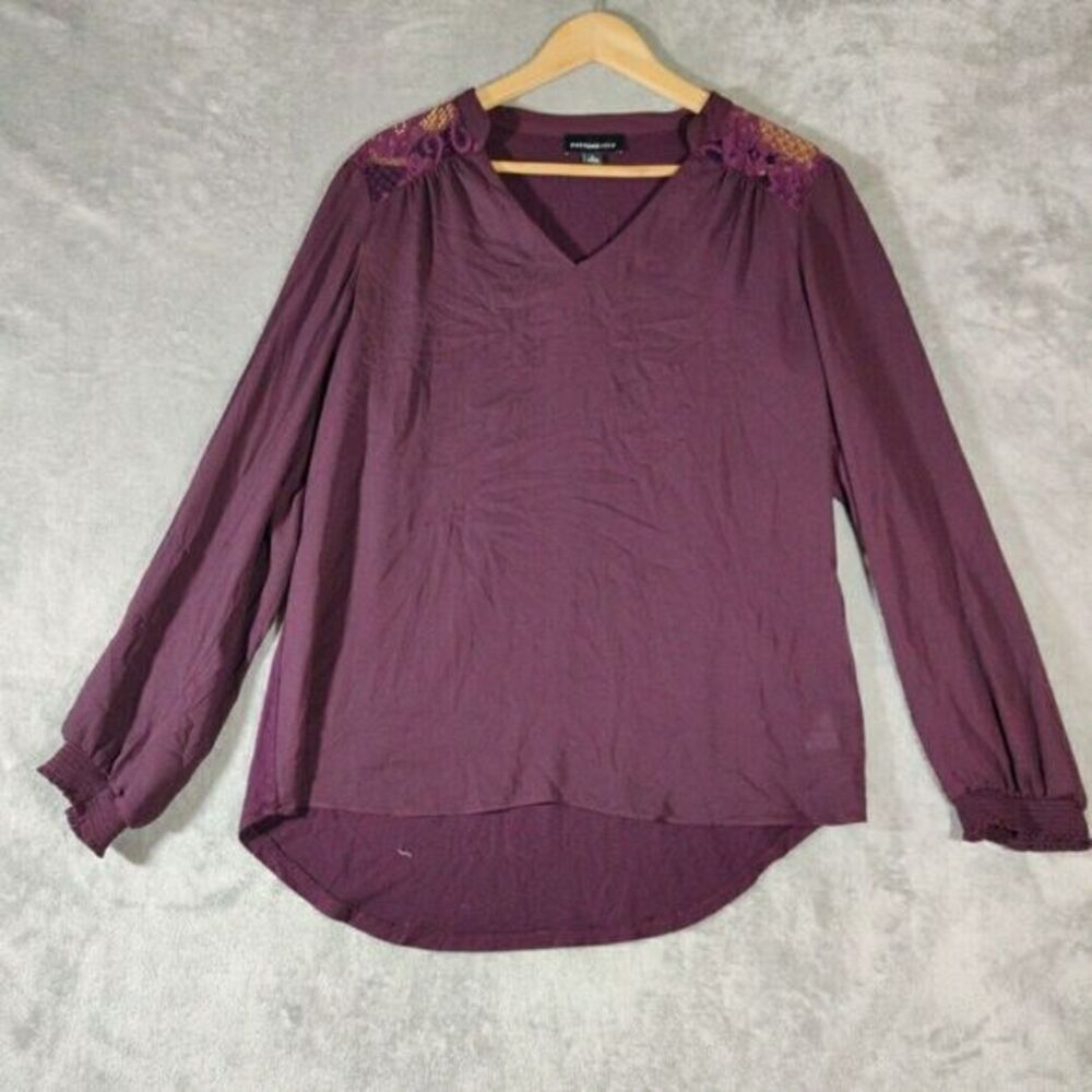 Fortunes & Ivy Shirt Womens Large Burgundy Lace Shoulder Blouse Casual Top